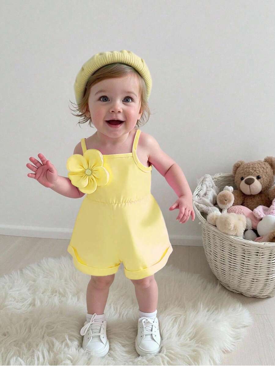 SHEIN Playful Pals Baby Girl' Pink Strap Romper With 3D Floral Rosette Buttons Waist Decor, Sleeveless, Breathable Summer Outfit, Cute & Vivid Ellow Sleeveless Cami Romper With Spaghetti Straps And Floral Accent For Baby Girls Baby Romper With Flower Yellow Baby Girl Clothes Infant Girl Yellow Outfit - Yellow - View 1