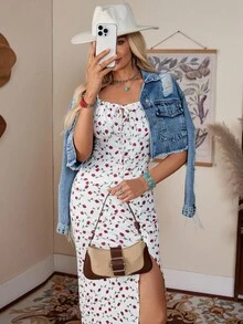 LanaWest Vestito lungo da donna con stampa floreale, nodo frontale, spacco alto sulla coscia - Bianco - Visualizzare 6