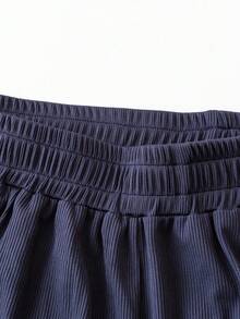 SHEIN CURVE+ 大码女式夏季休闲纯色裹身领带无袖背心和阔腿裤两件套 - 藏蓝色 - 查看 3
