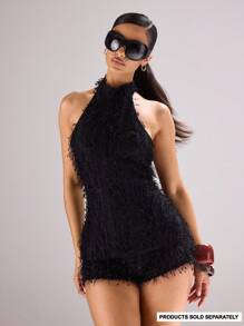 MUSERA Halter Neck Textured Fluffy Longline Top Festival, Concert, Rave, Club, , Sexy Backstage Night Out Going Out   Fall - Black - View 1