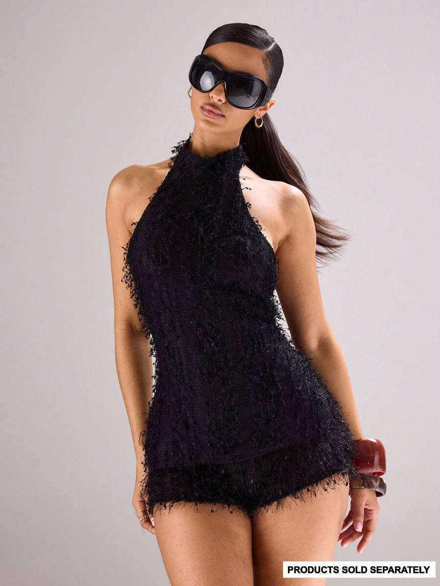MUSERA Halter Neck Textured Fluffy Longline Top Festival, Concert, Rave, Club, , Sexy Backstage Night Out Going Out   Fall - Black - View 1
