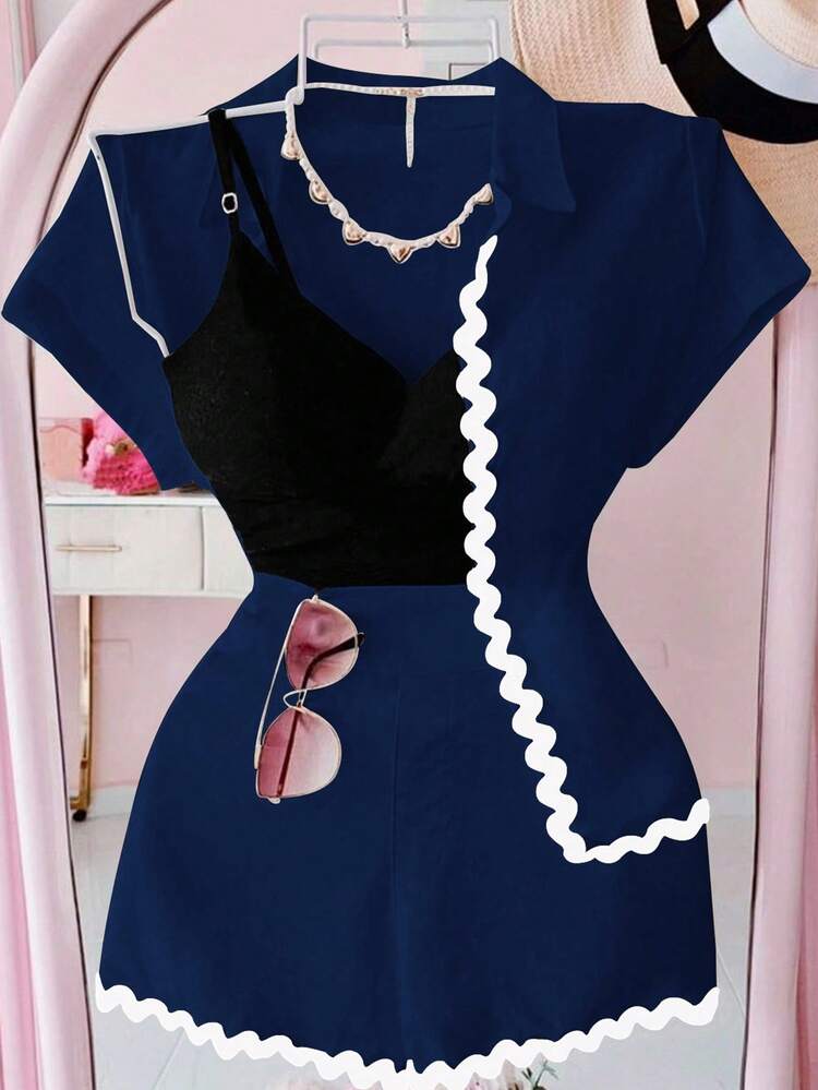 SHEIN Clasi Women's Casual Vacation Lace Trim 2 Pieces Set - Navy Blue - View 4