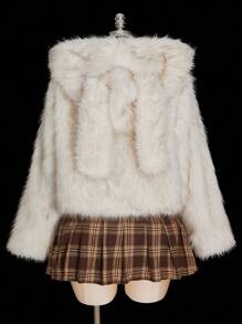 SHEIN ICON 加大码白色仿毛兔耳连帽蓬松大衣，甜美 Y2K 风格 - 白色 - 查看 2