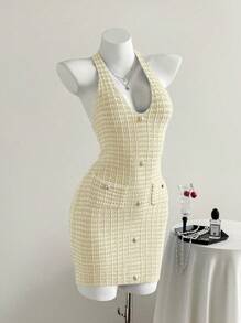 Rafferiza Nouvelle robe courte moulante à col ras-du-cou et dos nu en tricot sexy pour femmes, vêtements d'été en tricot jaune crème pour l'université - Jaune citron - Voir 5