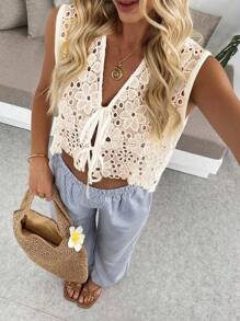 Pariaura Women's Lace Hollow Embroidered Sleeveless Elegant Top Clothes For University - Apricot - View 1