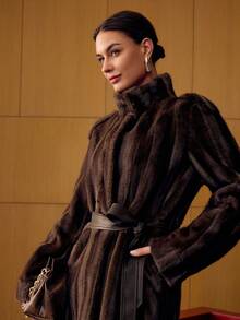 MOTF PREMIUM STAND COLLAR BELTED FAUX FUR COAT