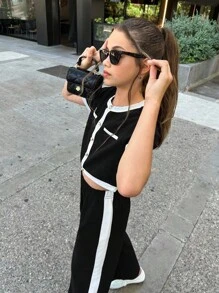 Firerie Kids Firerie Kids Tween Girl Casual & Formal Elegant Back To School Black & White Contrast Pearl Button Top & Straight Leg Color Block Pants