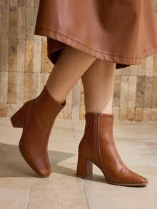 MOTF PREMIUM PU LEATHER SIDE ZIPPER HEELED ANKLE BOOTS FOR CHRISTMAS - Brown - View 3