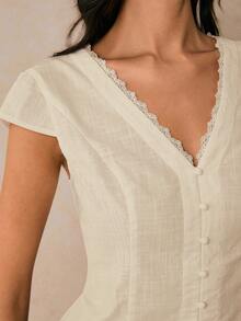 Women's Solid Color Casual V-Neck Short Sleeve Blouse - Apricot - View 7