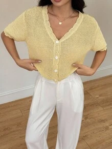 SHEIN PETITE 女士浅黄色短袖羊毛针织开衫 - 黃色 - 查看 1