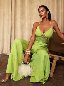 Sirith Women's Backless Cutout Jumpsuit In Lime Green, Sexy Resort Wear