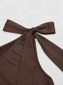 Sweetra Plus Size Women Cinched Waist Floral Embellished Asymmetric Hem Baseball Dress - Mocha Brown - View 7