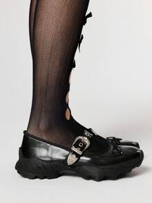 ROMWE Goth حذاء بالية نسائي بكعب سميك وأصابع مستديرة، مصنوع من مادة البولي يوريثان مع تصميم إبزيم معدني، مناسب للرياضة والتخرج والتصوير الفوتوغرافي - الأسود - مشاهدة 4