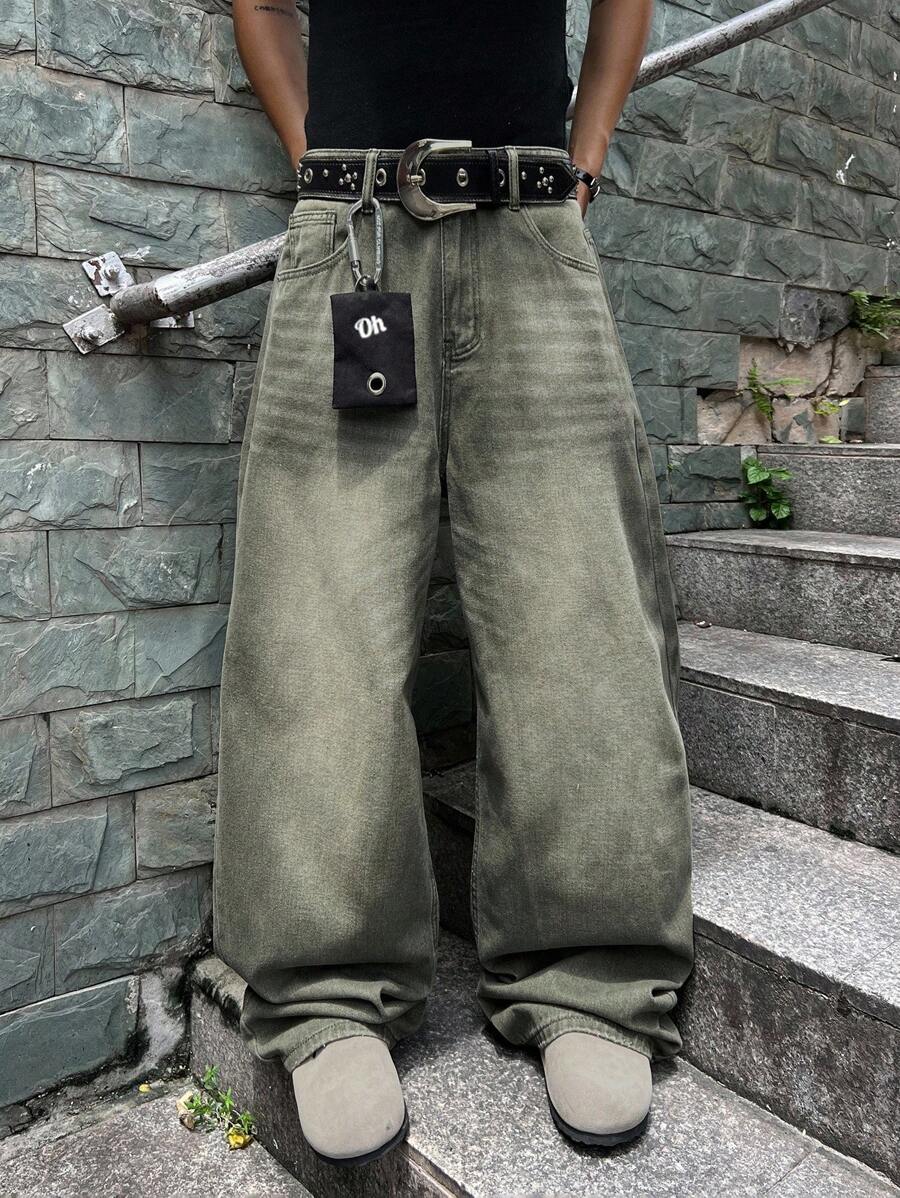 Manfinity EMRG 男士休闲宽松口袋牛仔裤 - 綠色 - 查看 1