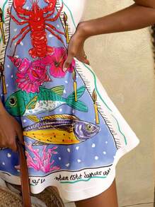 SHEIN EZwear 女式无袖蟹虾印花迷你连衣裙，活力四射 - 彩色 - 查看 6