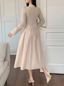 DAZY 女士秋季拼布荷叶边领灯笼袖长裙长袖连衣裙 - 杏色 - 查看 2