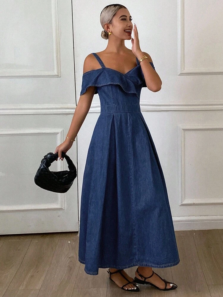 Women's Denim Ruffled Open Shoulder Denim Dress Sundress