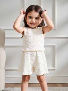 SHEIN 女婴休闲度假圆领提花针织无袖上衣和短裤套装 - 杏色 - 查看 1