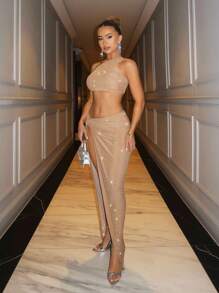 SHEIN BAE 优雅女士不对称扭领开衩长裙，适合休闲约会、夜店、派对、节日 - 闪亮圣诞女装、Y2K 风格、派对礼服、跨年晚礼服、圣诞礼服 - 卡其色 - 查看 3