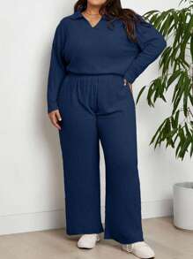 RueChic Conjunto de 2 piezas de top de manga larga y pantalones de unicolor casual en talla grande