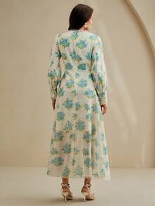 Anewsta Spring/Summer New Arrival Vacation Style Rose Print V-Neck Ruffle Patchwork Waist Cinched Lantern Sleeve Dress - Multicolor - View 2