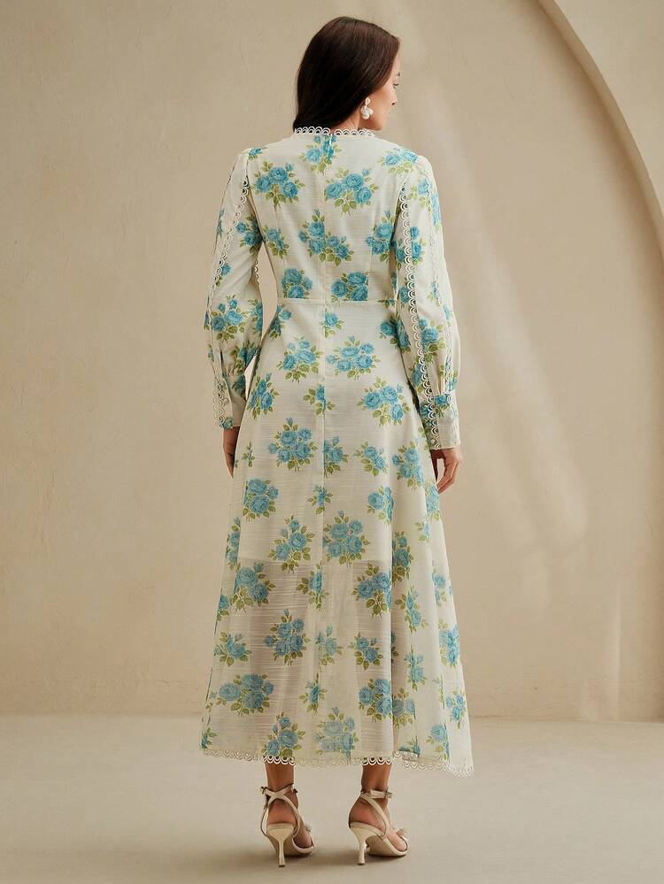 Nuevo vestido de estilo vacacional de primavera/verano con estampado de rosas, cuello en V, volantes, cintura fruncida y mangas farol