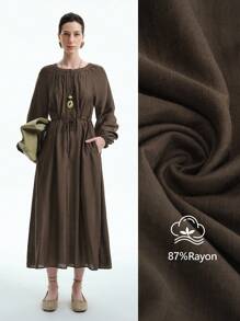 Aalyst 1 件女士优雅简约高端办公室/休闲/假日连衣裙，立领，插肩袖，褶皱，半开襟，抽绳腰带，口袋，宽松版型，中长款，咖啡棕色 - 咖啡 - 查看 1