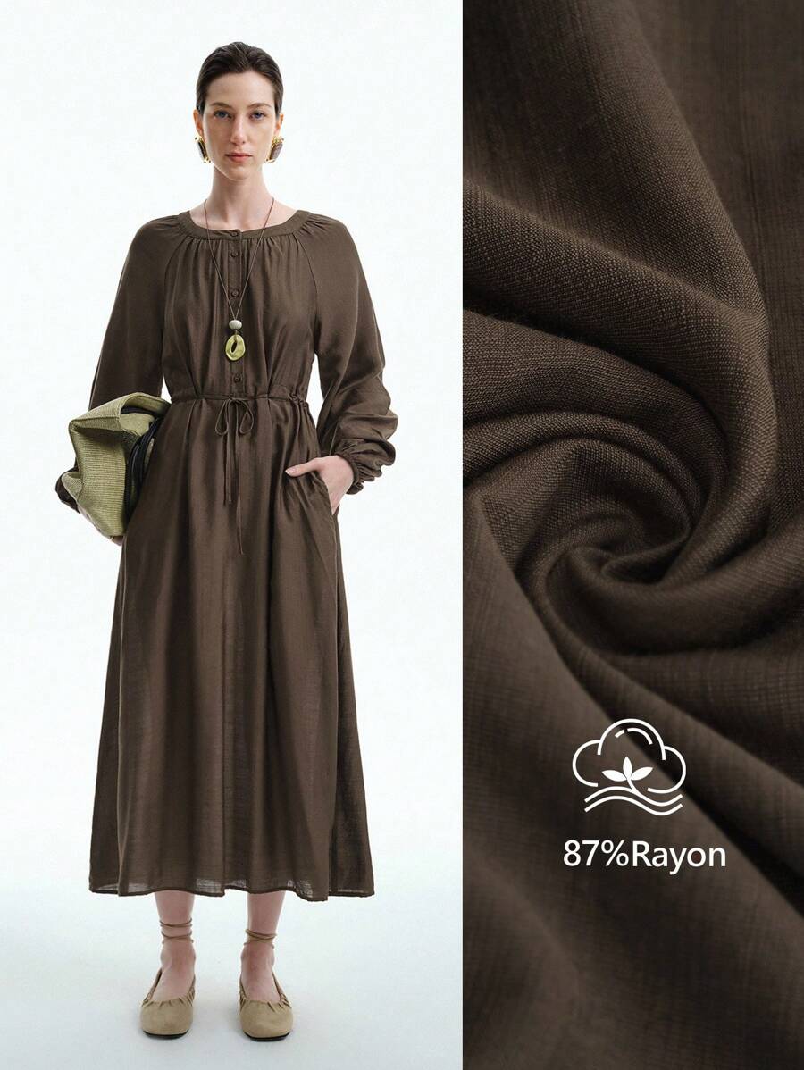 Aalyst 1 件女士优雅简约高端办公室/休闲/假日连衣裙，立领，插肩袖，褶皱，半开襟，抽绳腰带，口袋，宽松版型，中长款，咖啡棕色 - 咖啡 - 查看 1