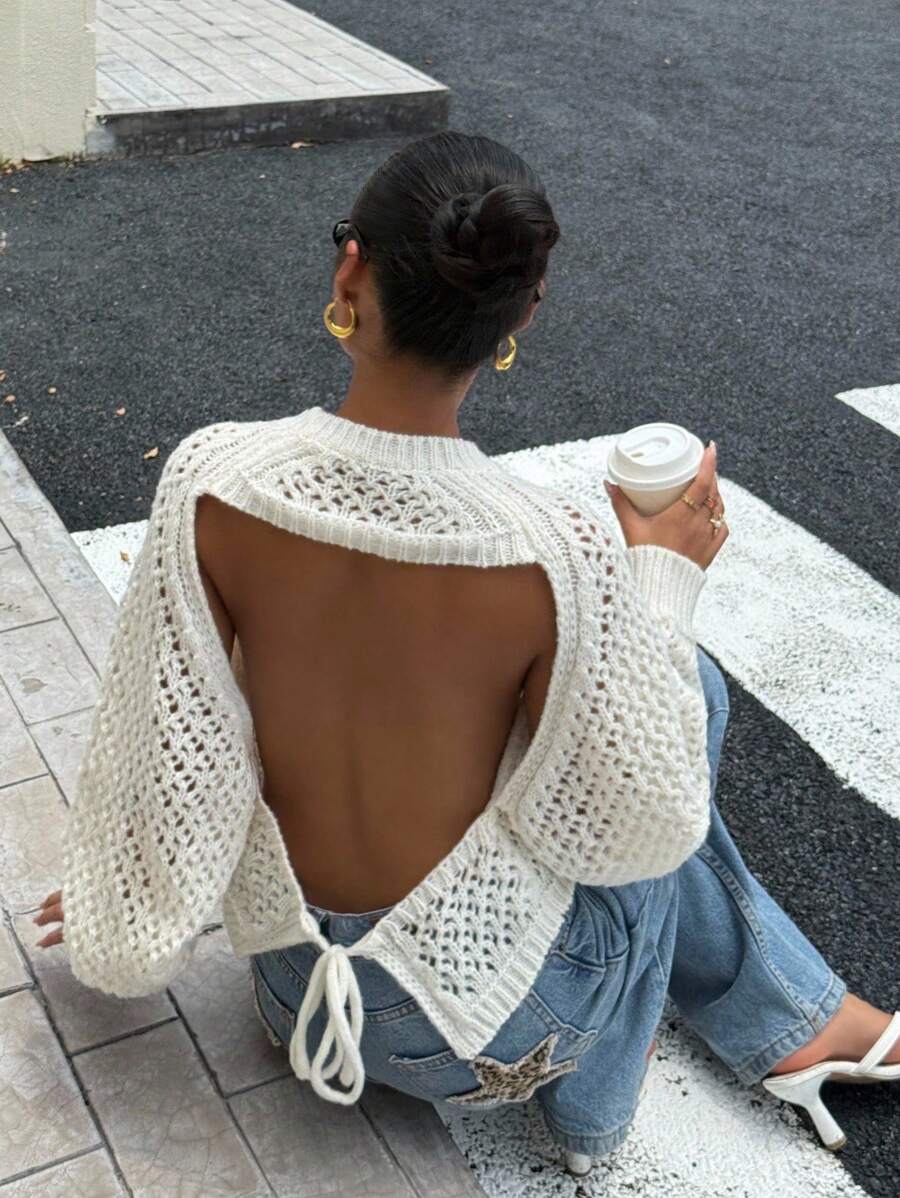 Rafferiza 2025新款时尚法式浪漫露背镂空针织毛衣针织套头衫秋冬，露背上衣 - 米色 - 查看 1