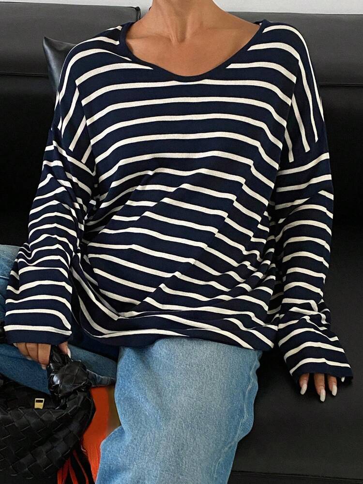 Loose Contrast Stripe V-Neck Long Sleeve Casual Vintage Pullover Sweater For Women, Autumn/Winter