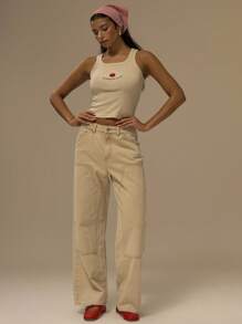 MUSERA 刺绣番茄“阳光亲吻，甜蜜”修身背心，可爱休闲印花上衣，街头风，适合节日、农舍等场合，优雅春夏假日风。 - 卡其色 - 查看 5