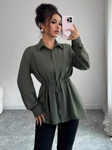 SHEIN Elenzya Women's Elegant French Office Commute Street Snap Utility Shirt, Featuring Shirt Collar, Front Placket, Waist Drawstring, Bowknot, Long Sleeve, Suitable For Spring, Autumn And Winter - Army Green - View 8