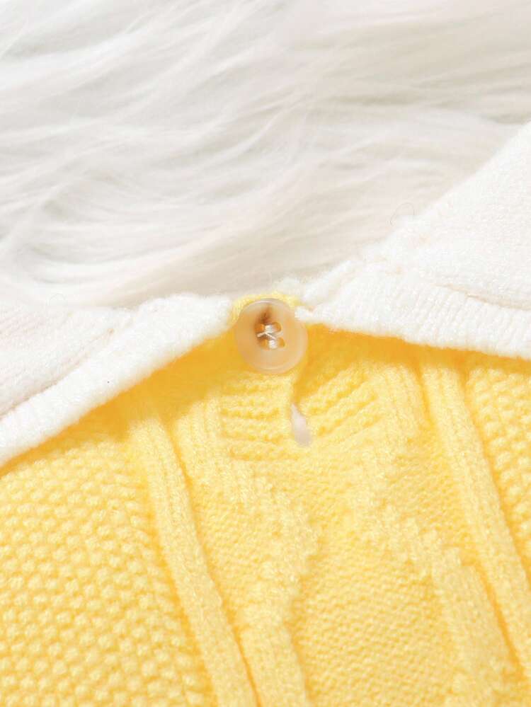 SHEIN Baby Girls' Pink Knitted Romper With Collar, Long Sleeve, Leg Pants And Cute Bow, Elegant & Stylish Fall Winter - Yellow - View 4