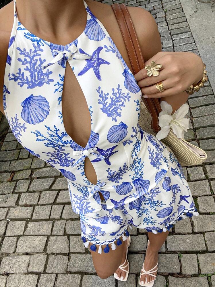 SHEIN Tall 女式印花蓝白图案流苏下摆背心和短裤套装，休闲度假装，修身夏季 - 藍白色 - 查看 1