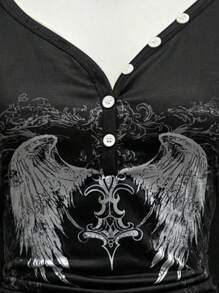 EgrlEra 女式 V 领朋克纽扣半襟印花长袖 T 恤