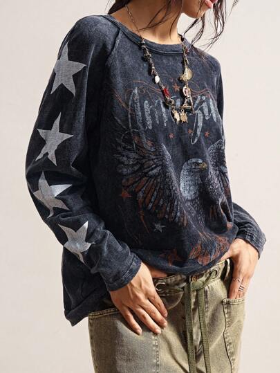 Bohemela Plus Size Simple Print Round Neck Long Sleeve T-Shirt