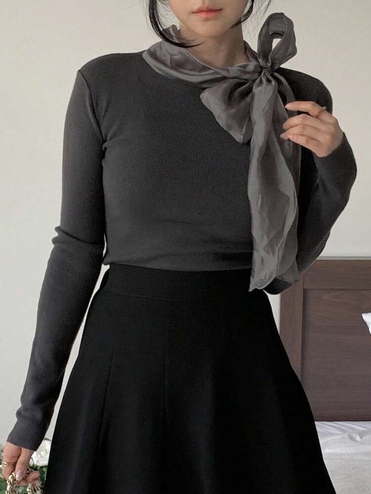 Women's Elegant Casual Patchwork Scarf Collar Slim Fit Pullover Sweater Fall