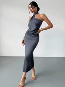 Firerie 女士摩卡棕色不对称喇叭袖宽松连衣裙，时尚长裙，春夏服装，适合通勤、优雅、性感、度假、海滩、波西米亚、夏威夷、音乐节、派对、工作服婚礼宾客正式礼服 - 霧霾藍 - 查看 8