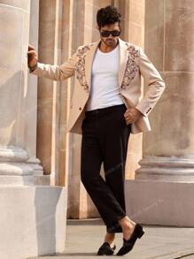 HIMLAND Retro Print Oversized Loose Casual Suit Jacket For Men, Spring/Autumn' Cream Suit Men Beige Suit For Men Men Fashion Blazer Wedding Jacket For Men Embroidered Blazer Men