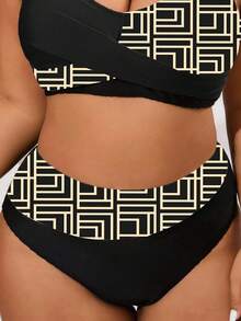 SHEIN Swim Curve 大码纯色及随机几何印花高腰拼接性感优雅沙滩度假女泳裤 - 彩色 - 查看 5