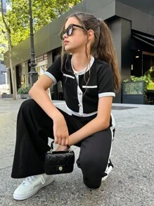Firerie Kids Firerie Kids Tween Girl Casual & Formal Elegant Back To School Black & White Contrast Pearl Button Top & Straight Leg Color Block Pants