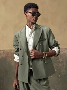 AKNOTIC Business Casual 2pcs Men's Woven Casual Loose Fit Long Sleeve Jacket And Straight Leg Pants Set - Olive Green - View 4