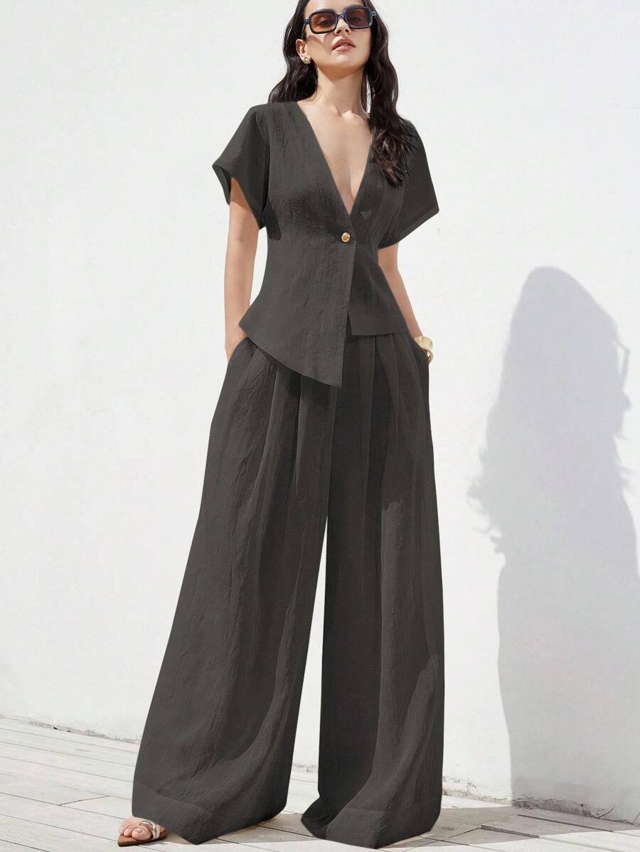 Aveloria Modichic Women's White Linen-Like Asymmetrical V-Neck Loose Textured Casual Vacation Versatile Wide Leg Pants 2 Pieces Set - Grey - View 1