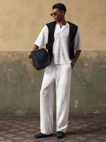 AKNOTIC Men's Textured Short Sleeve Loose Elastic Polo Shirt And Pants Set - Apricot - View 3