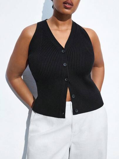 Maija 大码女装秋季新款黑色罗纹 V 领单排扣针织背心上衣，经典百搭，浪漫，时尚，舒适，优雅，休闲，简约，适合日常穿着