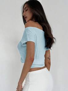 Aloruh 简约优雅露肩纹理针织修身腰女式T恤 - 淺藍色 - 查看 8