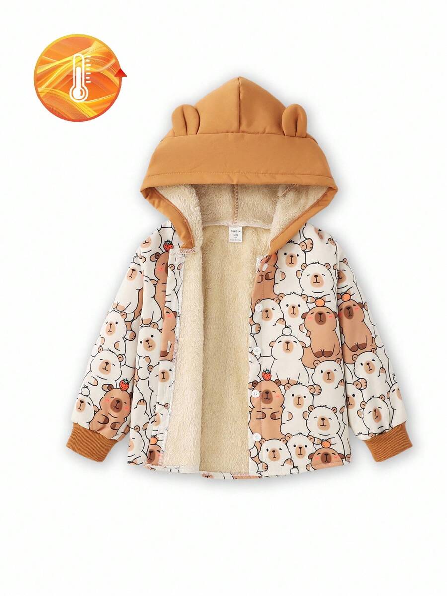 SHEIN 年轻女孩可爱猫咪印花保暖内衬连帽轻便夹克，保暖内衬设计有效锁住热量，提供温暖的穿着体验，特别适合秋冬季节 - 卡其色 - 查看 1