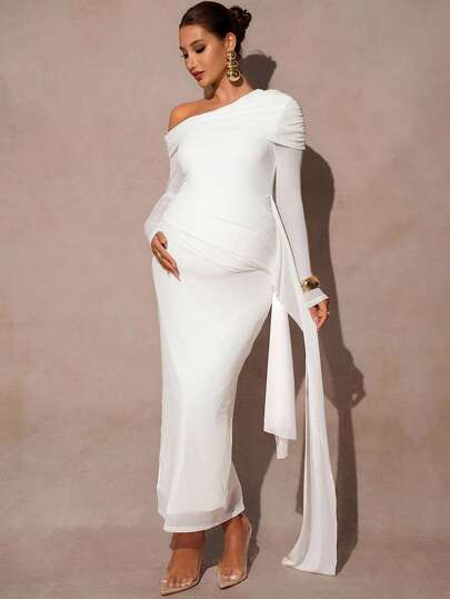 MaterniChic Maternity Solid Color Asymmetric Shoulder Tie Design Fitted Elegant Dress  Fall Clothes Fall Dresses Maternity  Wedding Guest Dress Maternity  Baby Shower Dress Old Money Dress  Off The Shoulder Dress