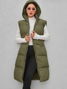 EURMUSE Solid Hooded Vest Puffer Coat - Dark Green - View 6