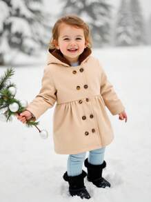 SHEIN Vintaside Kids 女婴冬季时尚休闲简约单排扣卡其色长袖连帽风衣外套，带棕色毛皮衬里，适合上学、日常拍摄、旅行